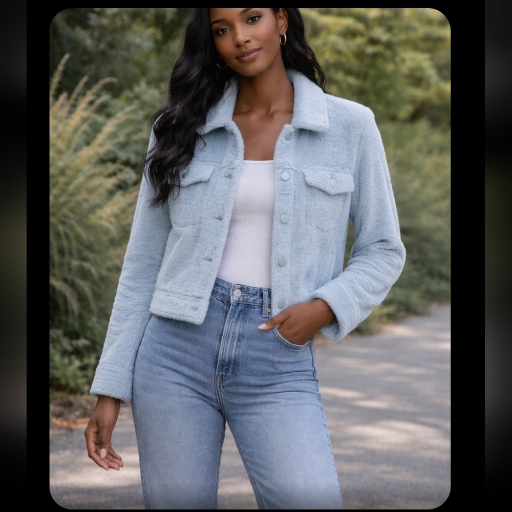 Banana Republic Light Blue Faux-Sherpa Button Jacket